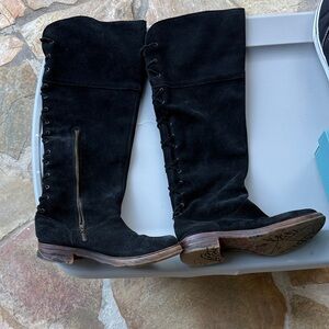 Fondue Black Suede Knee-High Boots with ties & side zipper